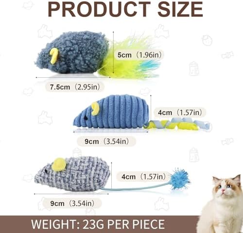 Andiker 3PCS Cat Mouse Toys, Colorful Catnip Toys for Cats with Rattle Box Ribbon Feather Interactive Cat Toys for Indoor Cats to Chew Bite Teeth Cleaning (Blue)