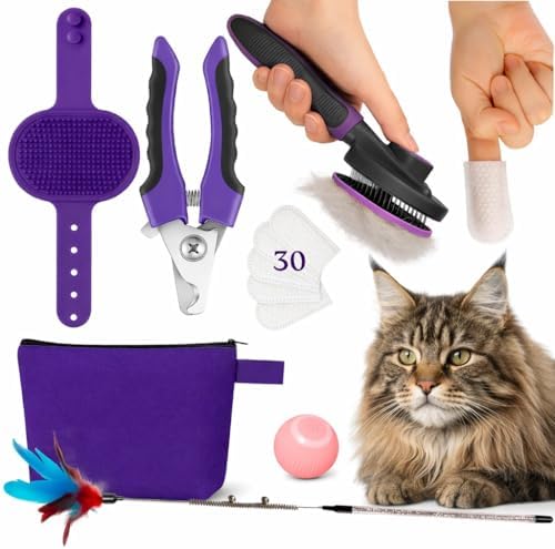 gameOFF Cat Grooming Kit 6 in 1, Include: Nail Clipper, Brush for Shedding, Wand Toy, Interactive Ball Toy, Bath Brush, Ear Cleaner Finger Wipes (30ct.), Cat Grooming Supplies, Kitten Supplies