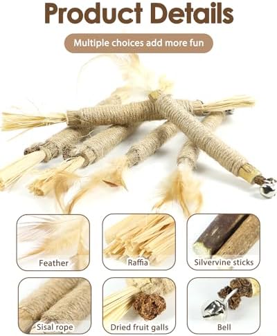 Tocirelo Natural Silvervine Chew Sticks for Cats with Catnip and Feathers