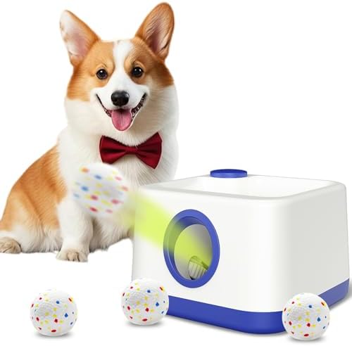 Automatic Dog Ball Launcher, Dual Auto-Manual Modes with Dog Barking Sound, Interactive Dog Fetch Toy, 3 Adjustable Distances, Dog Balls Thrower for Small & Medium Dogs, with 4 Durable ETPU Balls