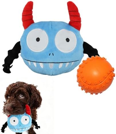 Enjoying Dog Interactive Toy, Engaging Squeaky Ball Toys for All Dogs Playtime, 2-in-1 Dog Plush Squeaky Ball for Playing, Squeak Dog Toy with Plush Cover, Adorable Grin Monster