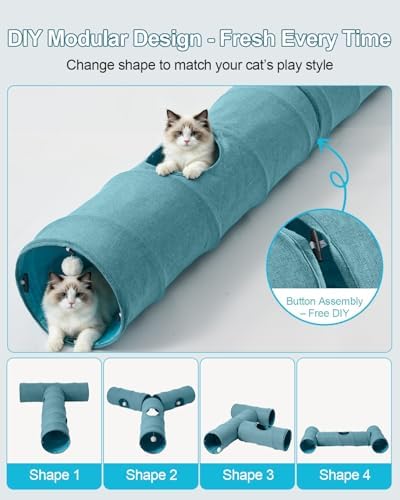 Cat Tunnel, 3 Straight Shaped Tunnels 6 DIY Shapes with Wand Toys, No Noise Scratch Resistant Cool Linen Fabric, Interactive Pet Tunnel Tube for Indoor Cats, Puppy and Rabbits