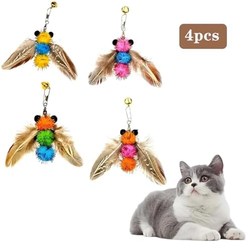 LWINGFLYER 4 PCS Cat Feather Toys Refill Insect Bee,Feather Cat Toys, Kitty Wand Toy Refill,Cat Toy Wand Replacement Attachments,Interactive Cat Toys for Indoor Cats