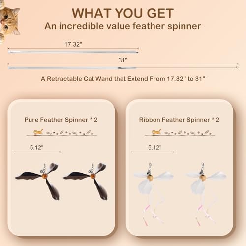 Retractable Cat Wand Toy with Spinning Natural Feather – Interactive Cat Teaser Wand for Indoor Cats, Adjustable Lightweight Cat Toy Wand with 4 Feather Refills - No String Version
