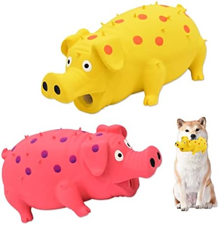 Pig Squeaky Dog Toy, 2 PCS Interactive Rubber Dog Chew Toy - Durable Latex Spot Grunting Pig Toys that Oink for Small Medium Large Dogs (Yellow, Pink)