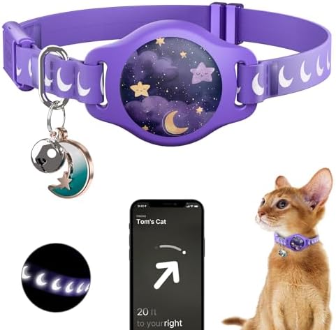 typecase Reflective Breakaway Cat Collar with AirTag Holder, Purple & White | Purple Reflective Breakaway Cat Collar With Bell And Silicone AirTag Holder; Adjustable 8-12 In; AirTag Not Included