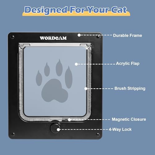 Wordcam X-Large Tough Cat Door for Interior/Exterior, Up to 25 lbs, Black