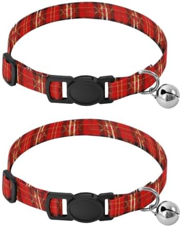 Red Tartan Black Plaid Breakaway Cat Collars with Bell 2 Pack Small Dog Collar Adjustable Length 10.6" to 17.1"