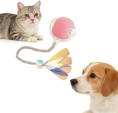 RightBliss Automatic Interactive Cat Dog Toy with Elastic Tail: Chirping Sound, Smart Obstacle Avoidance for Indoor Cats & Kittens (Pink Ball, Feathered Tail Design)