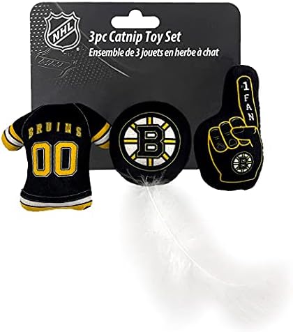 NHL BOSTON BRUINS Complete Set of 3 Plush Cat Toys: Jersey, Hockey Puck with Feathers & #1 Fan. Filled with Fresh Catnip. Beautiful Team Logo