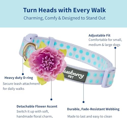 Blueberry Pet Adjustable Flocking Dog Collar with Artificial Silk Flower - Polka Dot in Pastel Purple, Large, Neck 18"-26"