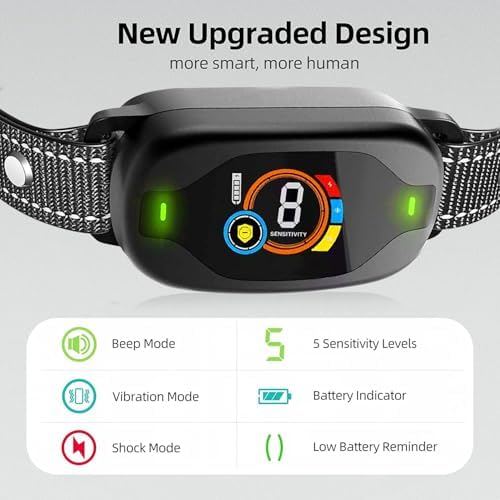 Dog Bark Collar with Sound, Vibration & Optional Shock – Smart Bark Recognition, Color Display, Adjustable Sensitivity, IP67 Waterproof, Rechargeable, No Bark Training Device