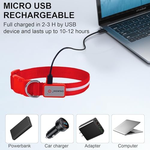 CHUKCHI LED Dog Collar Rechargeable,Waterproof Flashing Collar,Light Up Glow Collar, Adjustable Soft Safety Light Up for Small Medium Large Dogs Walking Camping at Night (Red-L)