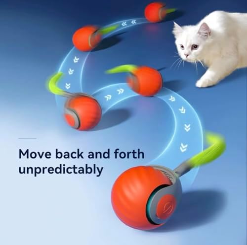 Interactive Automatic Pet Ball Toy for Cats & Small Dogs – USB-C Rechargeable, 3 Tails, 2 Speed Modes for Endless Play (Orange, Small)