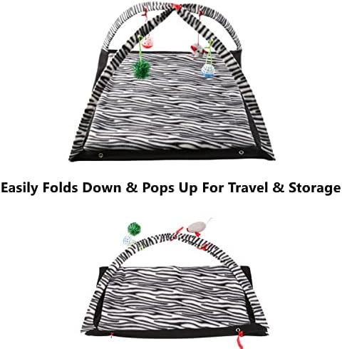 Ferret Play Mat Foldable Fleece Activity Center with Hanging Bell Balls Mice Toys Small Animal Cat Interactive Mat Tent Toy for Exercise Napping Easy Storage (Zebra)