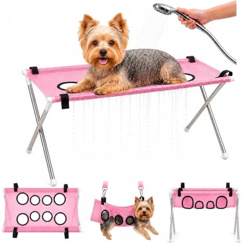 Dog Grooming Hammock Stand, Foldable Pet Bathing Stand (Pink B)