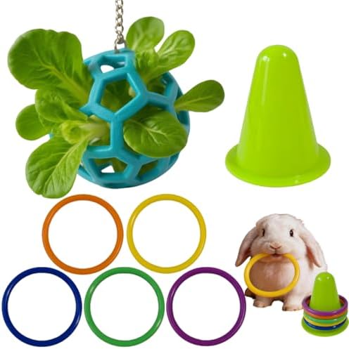 Rabbit Treat Ball, Bunny Enrichment Toy with Stainless Steel Hanger Set, Veggie Feeding Rabbit Ball Toy to Slow Feeder for Bunny, Guinea Pig, Hedgehog, Squirrel, Tortoise (Style2-Blue)