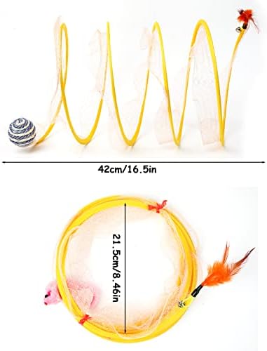 2-Pack Large Cat Tunnel Beds - Indoor & Outdoor,Kitten Collapsible Spring Tunnel Toy with Feather and Bell,Interactive Spring Toys for Cats & Kittens（Yellow）