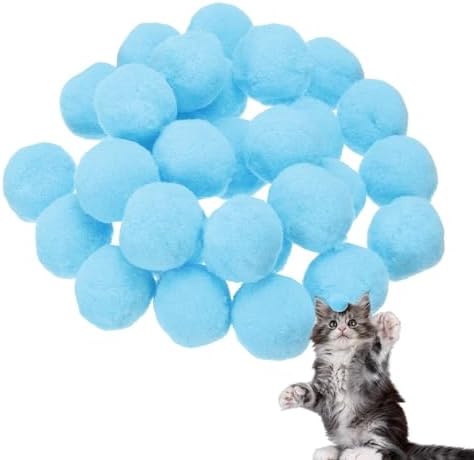 Cat Toy Pom Ball, Interactive Cat Ball Toys Fuzzy Pompoms (Plush, 1.2Inch, 30Pcs, Lake Blue) for Kittens Pet Enrichment Training Play Indoor