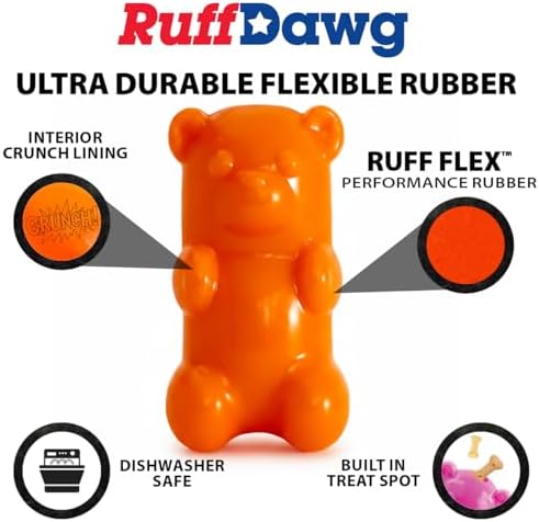 Ruff Dawg Gummy Bear Crunch Dog Toy – (1 pc) Assorted Colors – Loud Crinkle Rubber Fetch Toy with Treat Slot – Bouncy Ruff Flex Shell, Floats – Made in USA