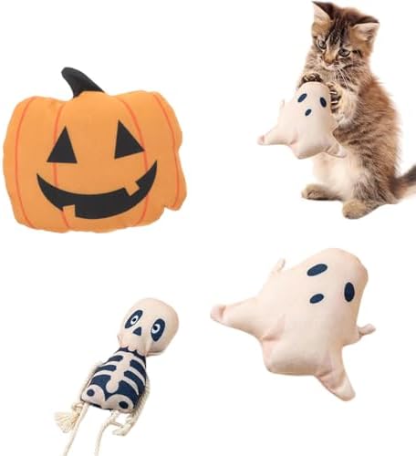 Halloween Cat Toys, Pumpkin Ghost Skeleton Catnip Toys for Cats Dogs Indoor, 3Pcs