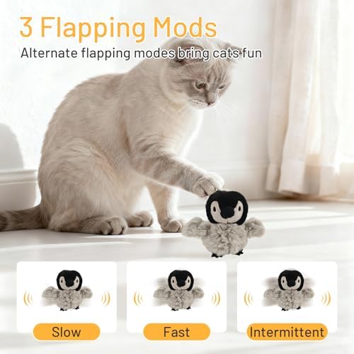 Puffluv Flapping Cat Toy,Interactive Penguin Flapping Bird,CAN NOT Fly Auto Chirping & Beating Wings 5 Modes, USB Charging with Catnip for Indoor Kittens Active Fun