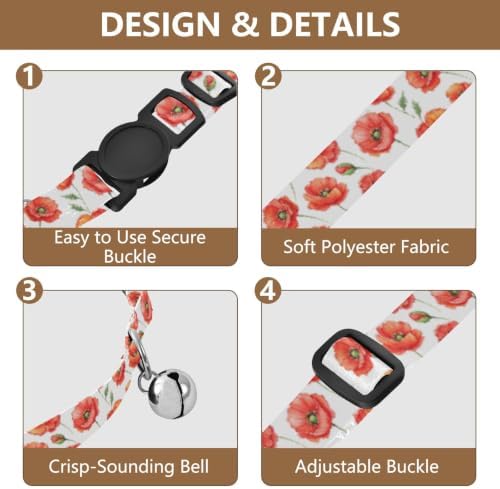 Red Poppy White Adjustable Buckle Cat Collar 2 Pack Dog Collars for Small Dogs