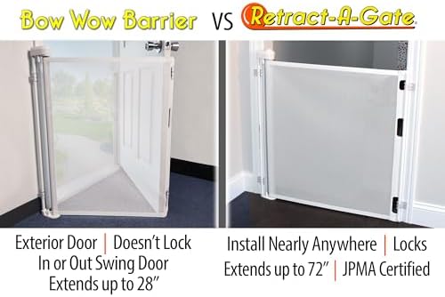 Bow Wow Barrier 28-Inch Café Retractable Exterior-Door Barrier for Pets | USA-made Smart Retract hardware-mounted barrier for exterior doors; opens with the door to help keep dogs & cats inside