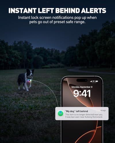 Pet Tracker for Dogs Cats, Location & LED Night Light Tag, No Monthly Fee | Compatible with iPhone, Compatible iOS, IPX7 Waterproof Collar Tag, 360-Day Battery, Paw Print Design, Lightweight 25g