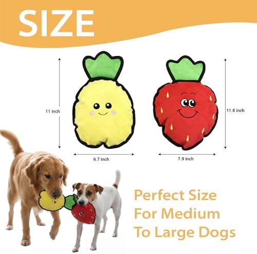 Durable Plush Dog Toys, 2 Pack Pet Squeaky Chew Toys, Double Layer Reinforced Interactive Pet Toys for Aggressive Chewers, Tough Toys for Medium and Large Dogs (Yellow Pineapple+Red Strawberry)