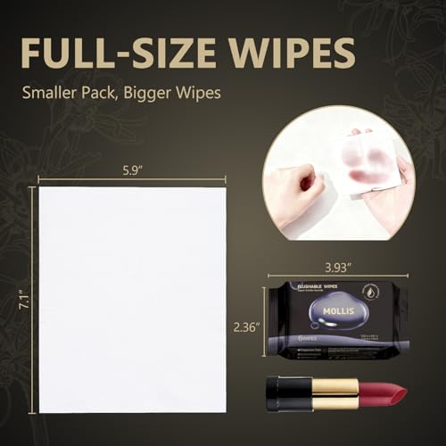 MOLLIS Flushable Feminine Wipes with Witch Hazel & Vitamin E, Unscented & Alcohol-Free, Travel Size Mini Packs, 100% Plant-Based, Sewer & Septic Safe, 18 Packs (36 Wipes Total)
