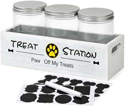 Pet Treat Container with 3 Airtight Jars and Wooden Tray, Labels and Marker