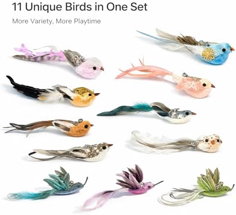 11PCS Realistic Bird Cat Toy Refills – Handmade Feather Cat Toys with Bell, Clip-on Cat Wand Attachments – Interactive Cat Toys for Indoor Cats, Refill Set for Wand Toy or Cute Home Décor