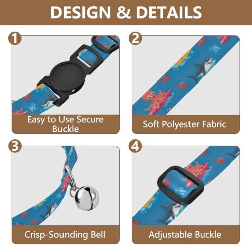 Cartoon Sea Animals Sharks Cat Collar Breakaway with Bell 2 Pack Pet Collar Adjustable 10.6 to 17.1 Inches