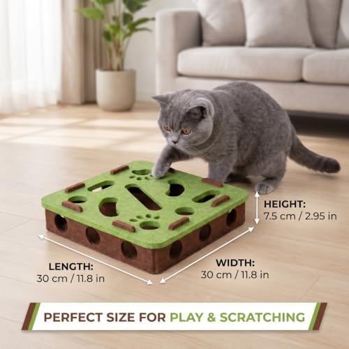 Interactive Cat Puzzle Toy, Mental Stimulation Box with 3 Balls, Indoor Cat Brain Training Game, Green for Kitten Enrichment