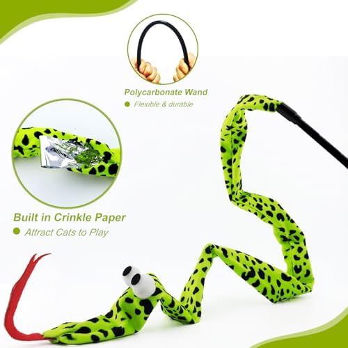 Interactive Cat Toy Wand with Catnip Mouse, Cat Teaser Wand Rainbow String for Bored Indoor Adult Cats and Kittens (3 Pack Snake)