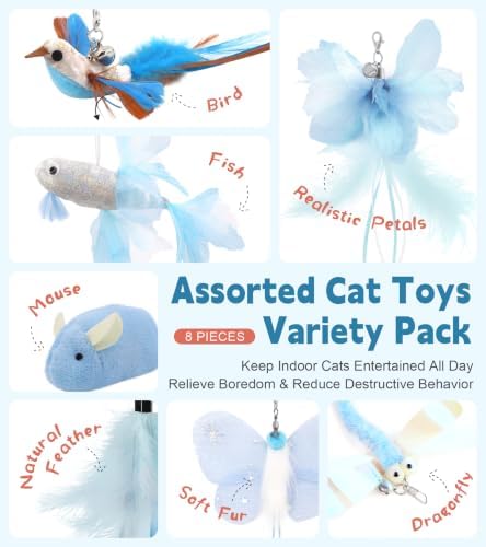 SONGWAY Interactive Cat Wand Toy Set - Retractable Cat Teaser Wand with 8 PCS Cat Toy Attachments, Dragonfly Butterfly Bird Mouse Tassel Feather Cat Toy Refills for Indoor Cats Kittens, Blue