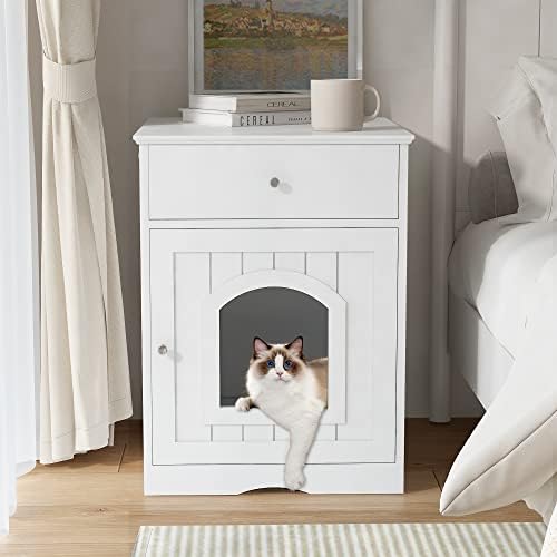 Wooden Cat Litter Box Enclosure with Drawer, White, Side Table Nightstand, Indoor Pet Crate, 18.9 x 20.9 x 25 Inches (White)