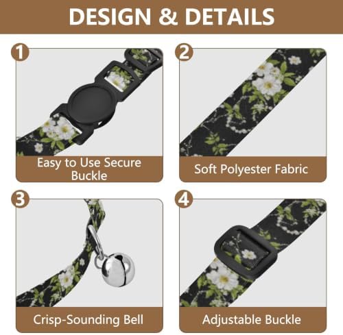 2 Pack Kitten Collar White Flowers Green Leaf Chevron Kitten Bell Collar, Adjustable Length 10.6" to 17.1"