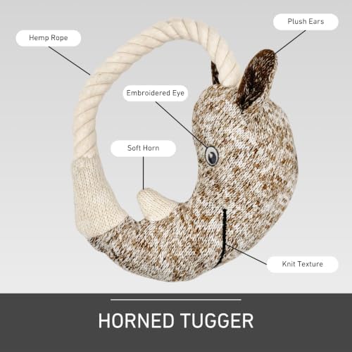 Knit Plush Dog Toys for Small & Medium Dogs – Squeaky Cuddle & Tug Toy | Soft Rope Tugger for Interactive Tug-of-War, Gentle Play, Teething & Snuggle (Horned Tugger)
