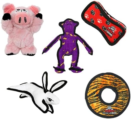 TUFFY® 5 Pack Jr Monkey, Ring, Rabbit, Bone & Pig Durable Plush Dog Toys