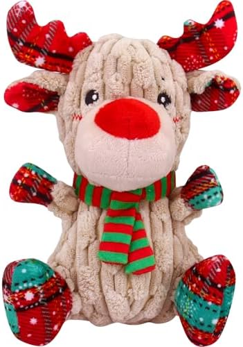 loncoldy Christmas Dog Toys, Funny Squeaky Reindeer Toy with Crinkle Paper Attract Pets, Interactive Plush Chew Toys, Adorable Christmas Elk Dog Gifts for Small Medium Large Dogs