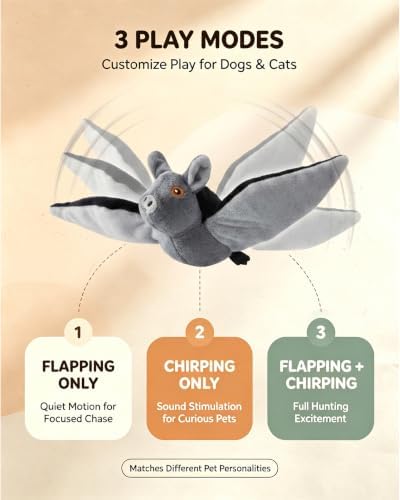 Flying Bat Dog Toy, Interactive Flying Bat Toy for Dogs with Flapping Wings, Chirping Sounds, USB Rechargeable, Touch Activated, Hanging or Floor Toy for Dogs, Puppies and Cats to Reduce Boredom，2 PCS