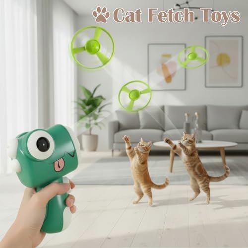 Interactive Cat Toy for Indoor Cats - Cat Fetch Toy Launcher with 8 Colorful Flying Discs, One-Press Exercise Toy for Chasing & Hunting, Fun Kitten Toy for Adult Cats, Green