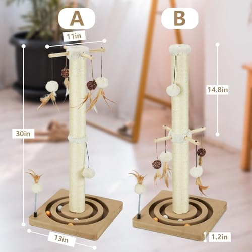 PEEKAB Cat Scratching Post Sisal Scratch Posts for Indoor Cats and Kittens,30 Inches Tall with Tracking Ball Interactive Toys and Hanging Balls Beige