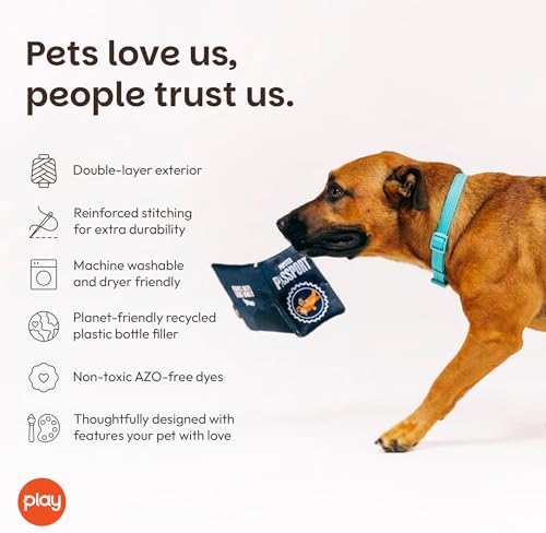P.L.A.Y. PET LIFESTYLE AND YOU P.L.A.Y. Plush Dog Toys - Globetrotter Travel Themed Durable Squeaker Chew Toy for Puppies Dogs - Machine Washable, Recycled Materials (Pupster Passport)