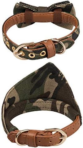 Small Dog Collar Set, 2Pcs Puppy Cat Collar with Bow Tie & Bandana, Durable PU Leather Canvas Tiny Pet Scarf for Small Breed Pets camo-Green