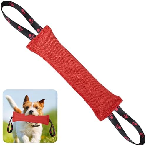 ToLanbbt Dog Tug Toy Bite Jute Pillow Pull Toy with 2 Strong Handles Perfect for Tug of War, Puppy Interactive Play, Tear Resistant Bite Training for Small Medium Large Dogs (Bright Red-Footprint)