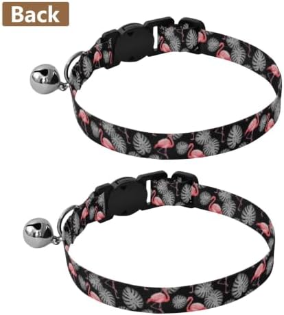 Flamingos Gray Tropical Leaf Black Cat Neck Collar, 2 Pack Dog Collar with Bell