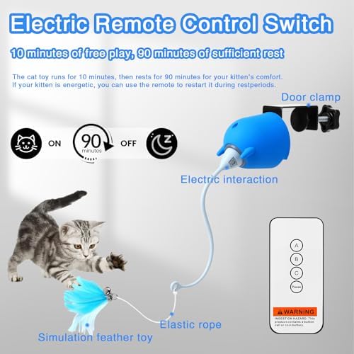 Cat Toys Interactive for Indoor Cats, Rechargeable Toy Hanging Door Electric with 4pcs Feathers Toys for Bored Kittens (Blue)